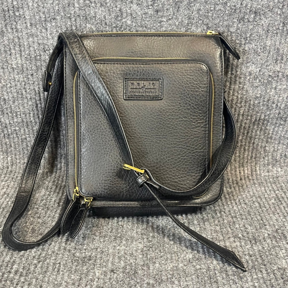 Relic Pebbled Leather Crossbody Organizer Bag Black Classic Minimalist Travel